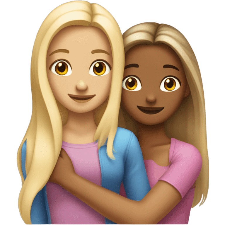 tanned girl with long ombre hair hugging fair girl with blonde hair  emoji