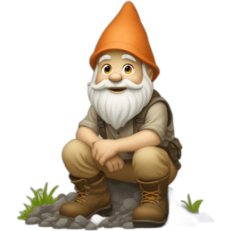 side view of gnome with light tan pants and light tan boots squatting in front of small dirt pile emoji