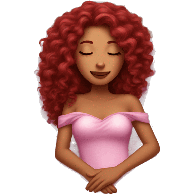 gorgeous woman with long burgundy curly hair sleeping on pink princess bed emoji