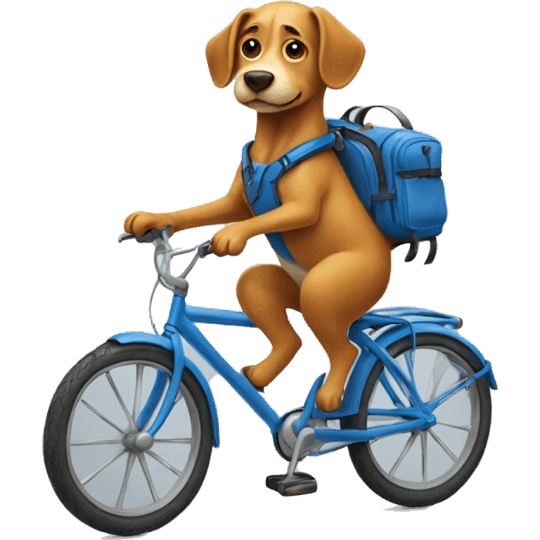 A dog is riding a bicycle and wearing a backpack. emoji