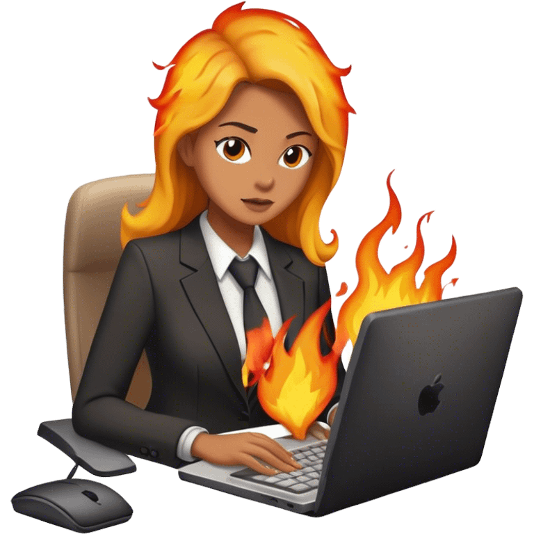 Woman at work on computer on fire emoji