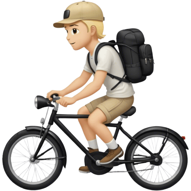 A blond guy in a cap and with a backpack on his back rides a black bike emoji