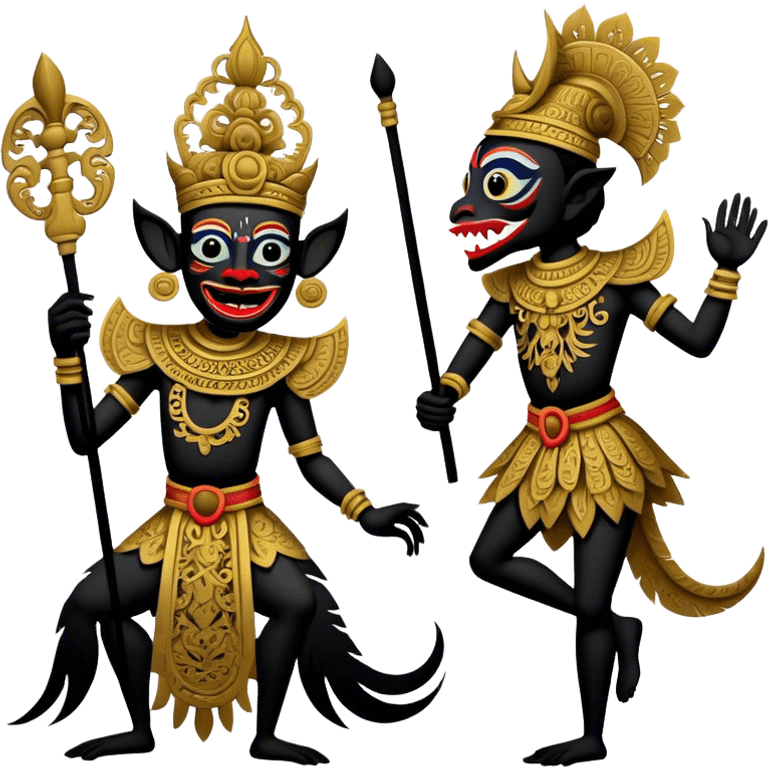 Wayang – Cinematic Realistic Wayang, depicted as intricately carved traditional Indonesian shadow puppets with expressive features and vibrant cultural motifs, set against a dark, dramatic backdrop with subtle glowing highlights that evoke the mystical art of shadow play. emoji