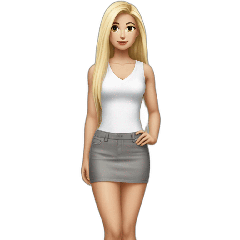 hyperrealistic caucasian blonde, long straight hair, white deep v-neck crop tanktop, gray tight mini skirt emoji