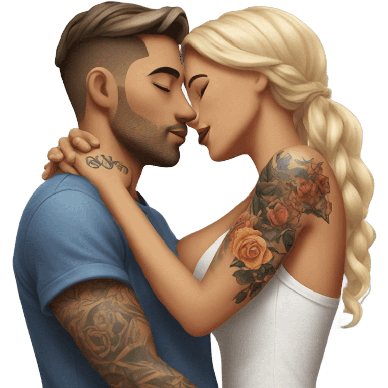 Photo Realistic beautiful woman kissing a very handsome tattooed man emoji