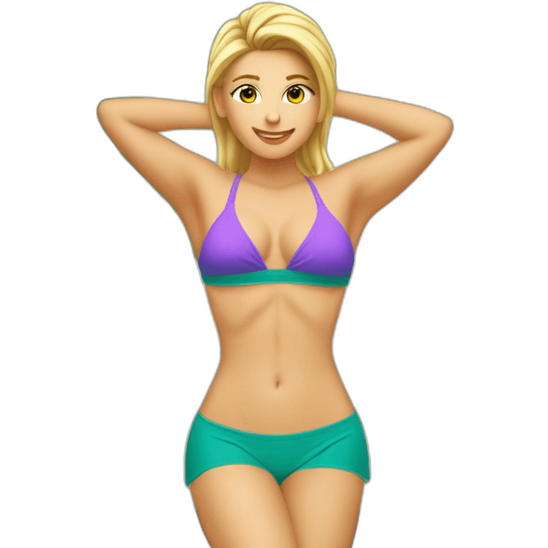 Soft -fit Caucasian woman bikini abs (hands-in-hair pose) (full body) couch emoji