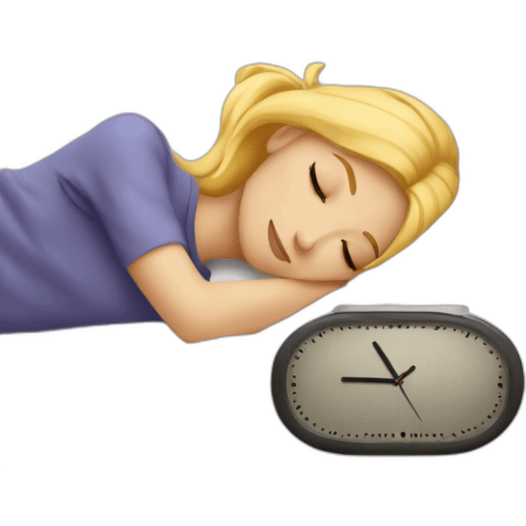 Blond girl sleep on coach clock near her emoji