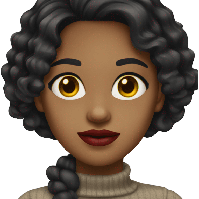 Woman with black wavy hair. Medium skin with yellow golden undertone. Big Brown Eyes. Red Lipstick emoji