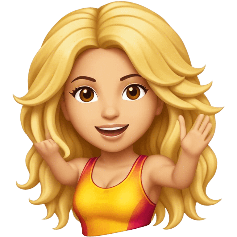 Cinematic Realistic Shakira Pop Culture Emoji, depicted with an energetic, dynamic portrayal of the global pop star rendered with lifelike textures and vibrant, charismatic lighting. emoji