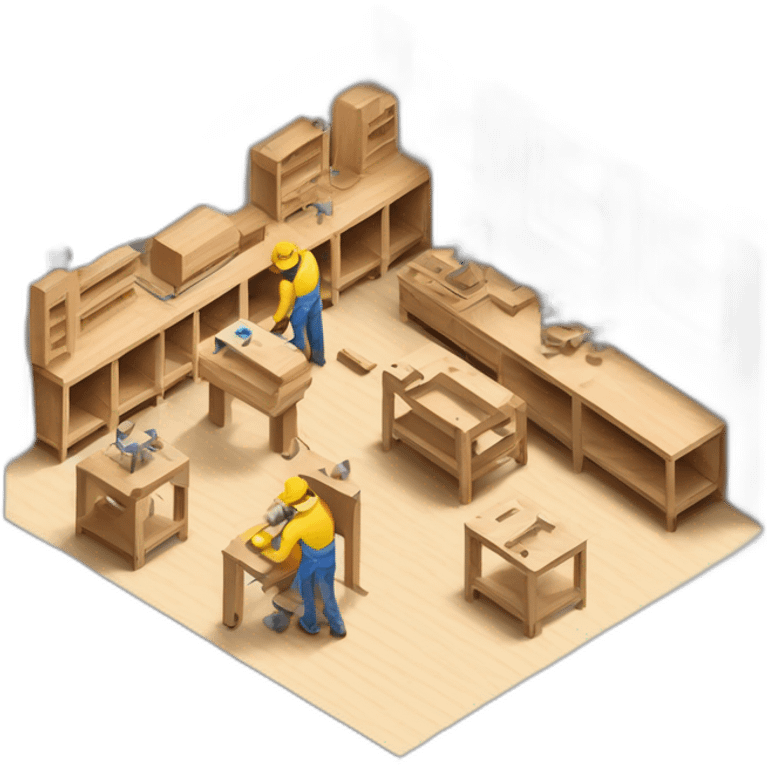 isometric square solid outline border containing indoor creative workshop handmade woodworking factory people actively working cnc machine tools simple clean industrial brutalist emoji