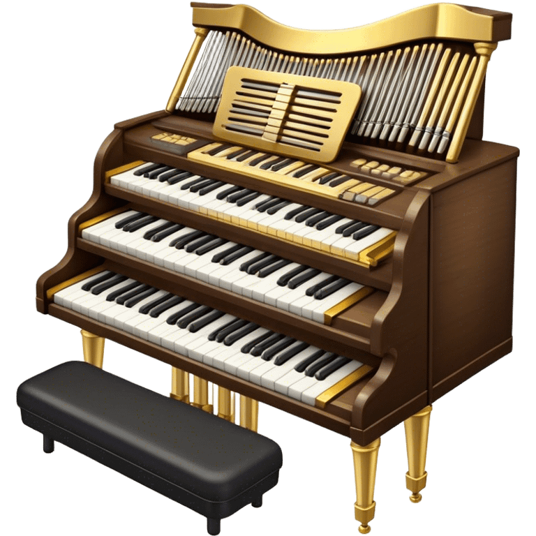 Create an elegant and majestic emoji representing a classical organ. The design should feature the grand pipes of the organ in the background, with visible details of the keys and pedalboard in the foreground. The pipes should be tall and impressive, with a mixture of gold, silver, and metallic shades to emphasize the grandeur of the instrument. The keyboard and pedals should be well-defined, capturing the intricate craftsmanship of the organ. Use dark wood tones and gold accents for the body of the instrument to give it a rich, historic feel. Add subtle musical notes around the organ to evoke its deep, resonant sound. The background should be transparent. emoji