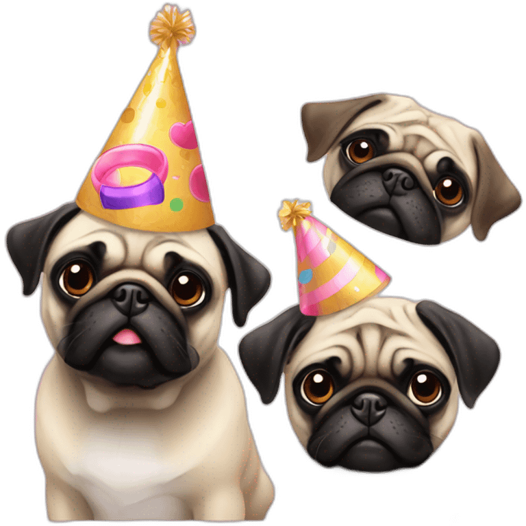 One pug and one black pug with birthday hat emoji