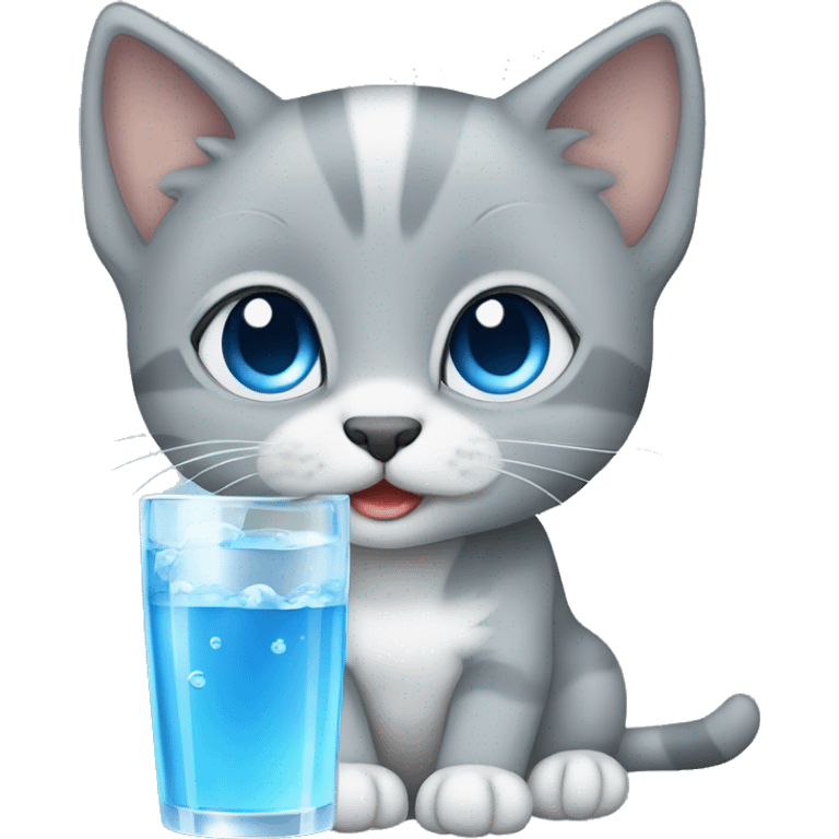 blue eyes grey kitten drink glass of water  emoji