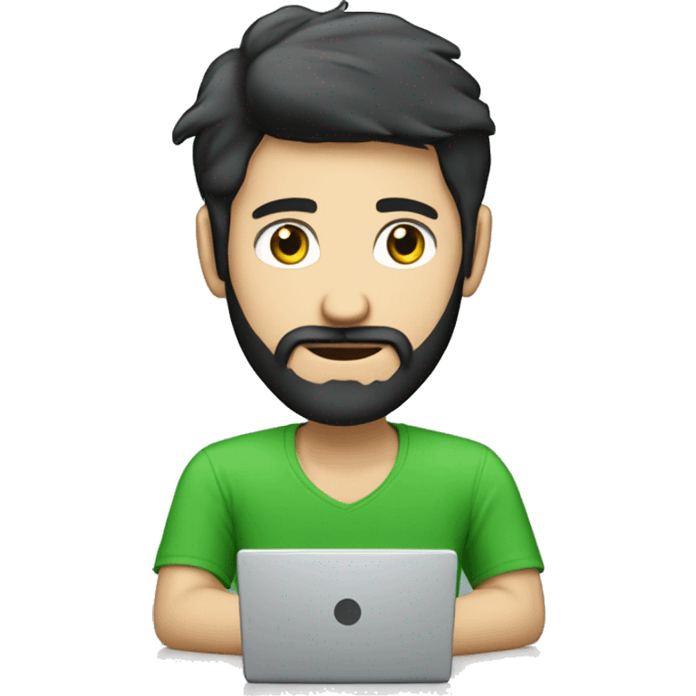 white guy with black hair thin face with beard typing in laptop wearing green t-shirt working in call center emoji