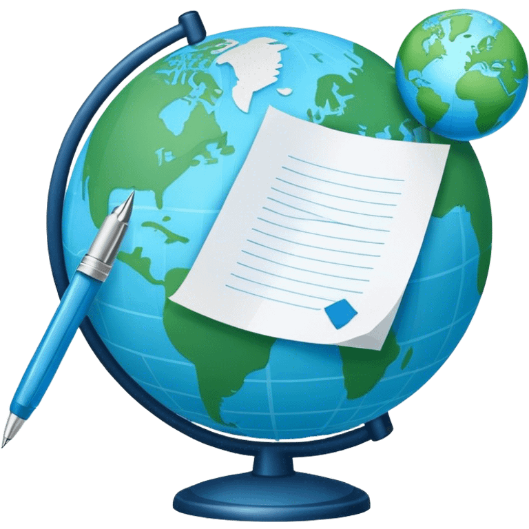 Create an emoji representing language translation. The design should feature just one globe in the background, symbolizing international communication. In front of the globe, place two books or sheets of paper with texs on them and a pen nearby to indicate the act of writing. Use a clean and professional color palette with blues, greens, and neutral tones. Make the background transparent. emoji