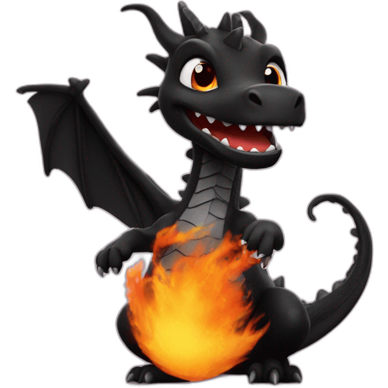 Happy Cute Black dragon hyped up with fire in background emoji