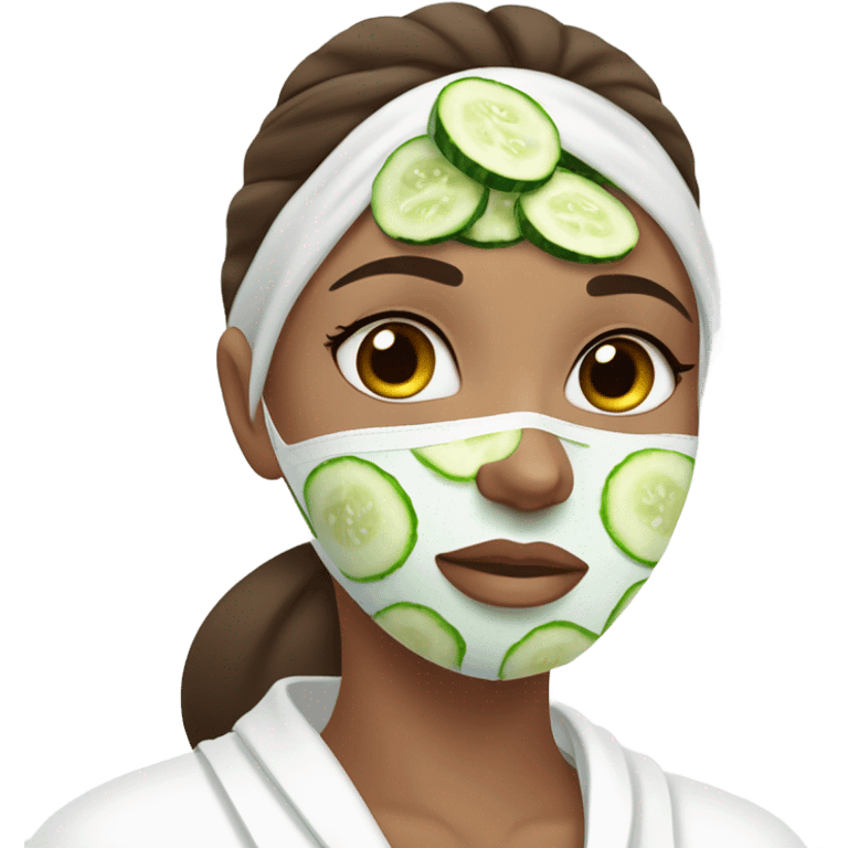 Girl with freackles Brown hair white skin and blue eyes wears Green colored texture skin care mask all over her face while She relaxes and puts two round piece of cucumber on her closed eyes In a white Robe emoji