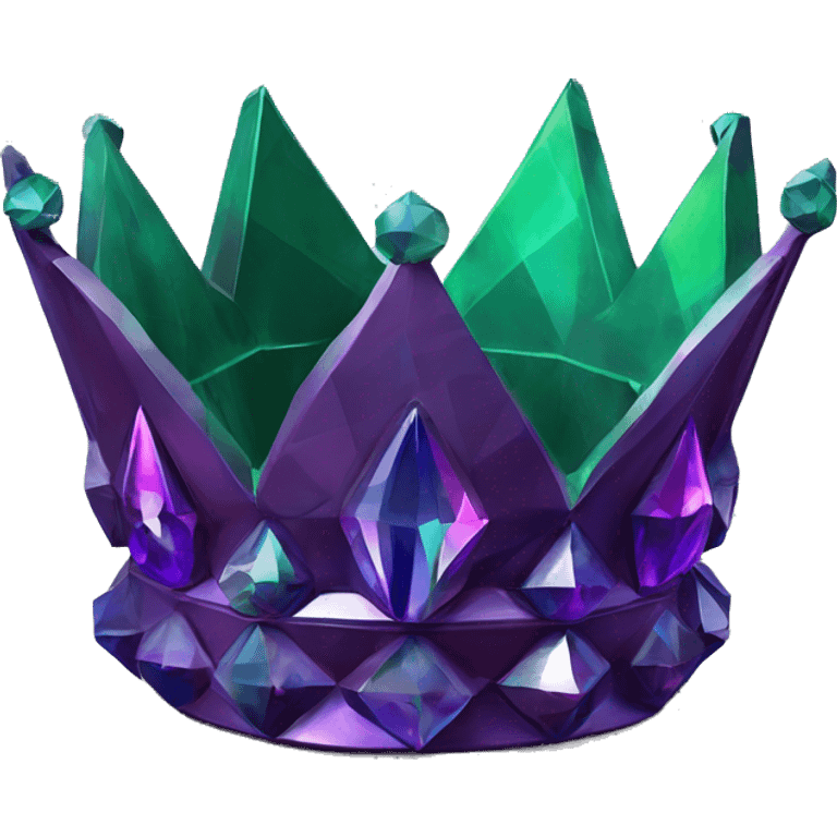 sculpture crown with a geometric faceted design. The crown is sparkling and standing upright on a base with angular and flower features. The vibrant dark purples and greens highlights the sharp edges and planes.  emoji