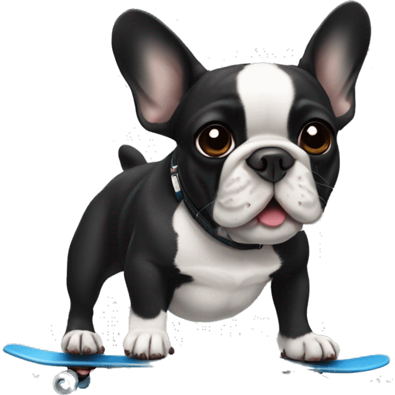 French bulldog black with a white zone under the mouth, skating emoji