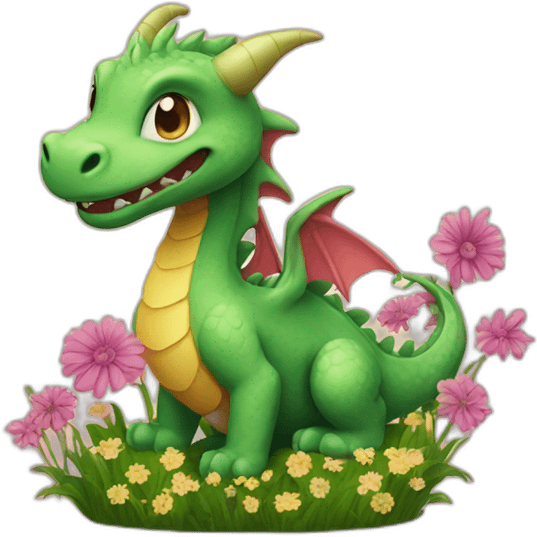 Cute dragon in flower field emoji