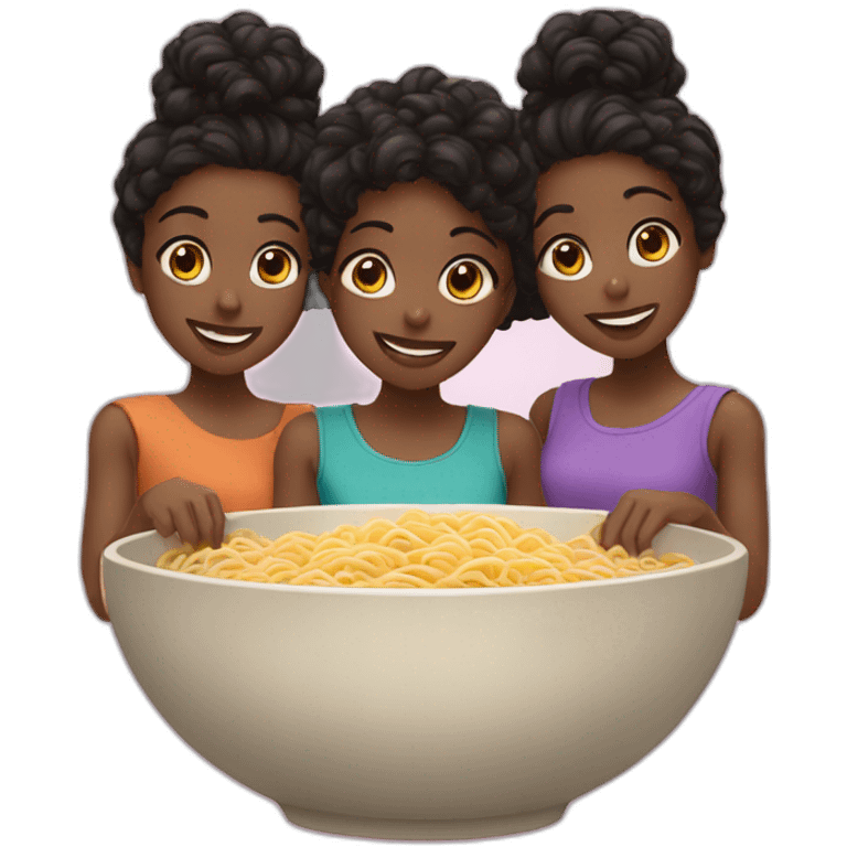 Three black girls sharing a bowl of noodles emoji