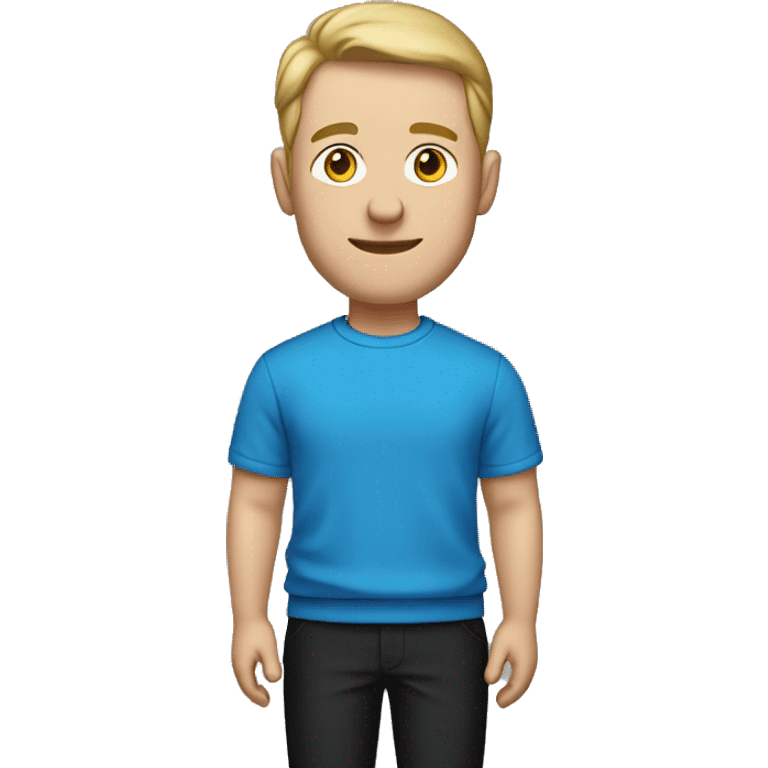 A Caucasian man with a blue sweatshirt on and black pants and black shoes on emoji