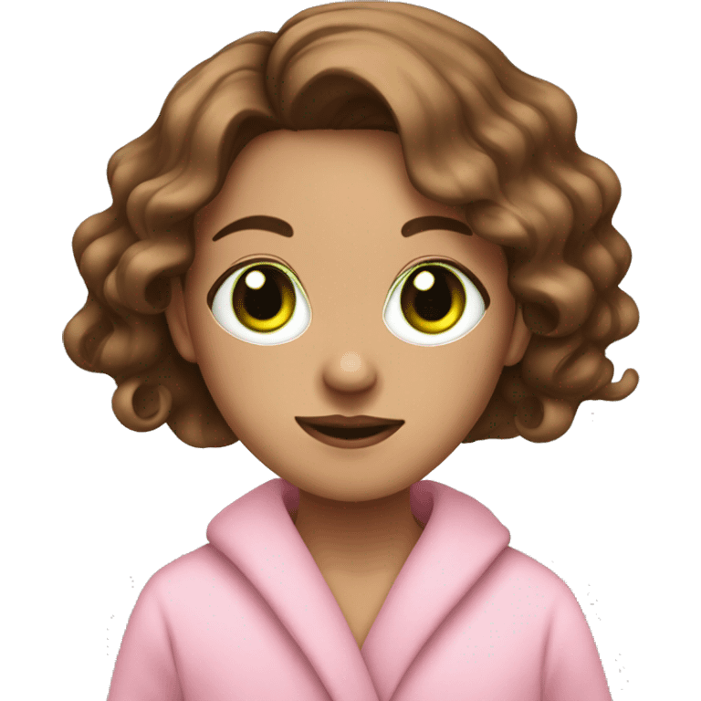 Green eyed girl with brown wavy hair with a pink dressing gown on and a facemask emoji