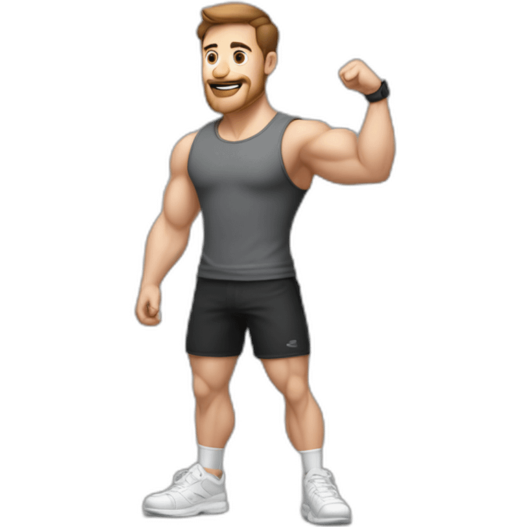 Full height realistic Actively gesturing with hands Pale skinned Fit Man With the biceps and brown hair in dark gray Sleeveless Mike, black oversize sports shorts, watch and white Sneakers emoji