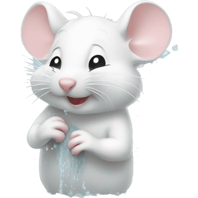 Cute white mouse scrubbing himself in a bubbly shower emoji