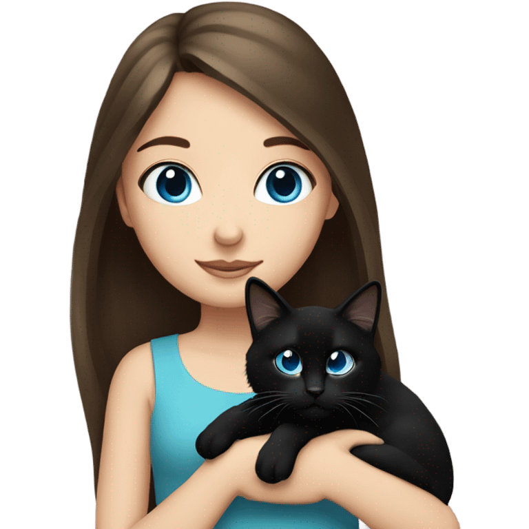 Long haired brunette blue eyed girl holding a black cat emoji