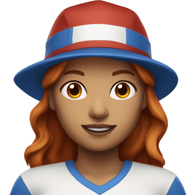 front facing standing female coach with long red hair, wearing a white t-shirt and a simple blue hat emoji