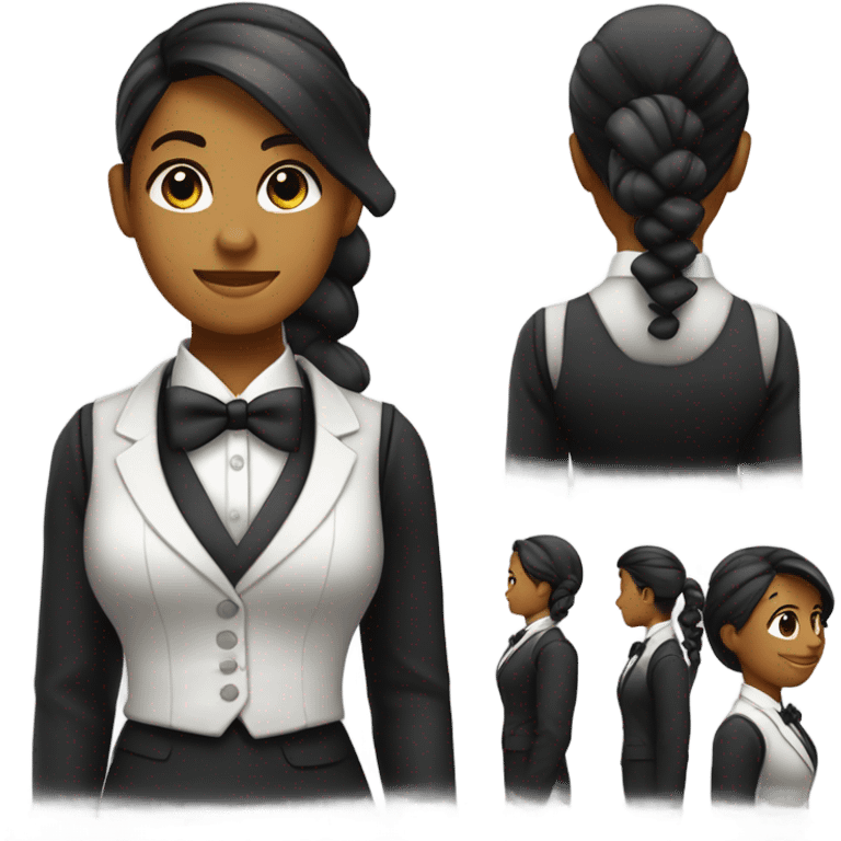 a female butler with a professional and elegant demeanor. She has her hair neatly tied in a ponytail and wears a classic butler uniform, including a tailored vest, crisp white shirt, and bow tie. emoji