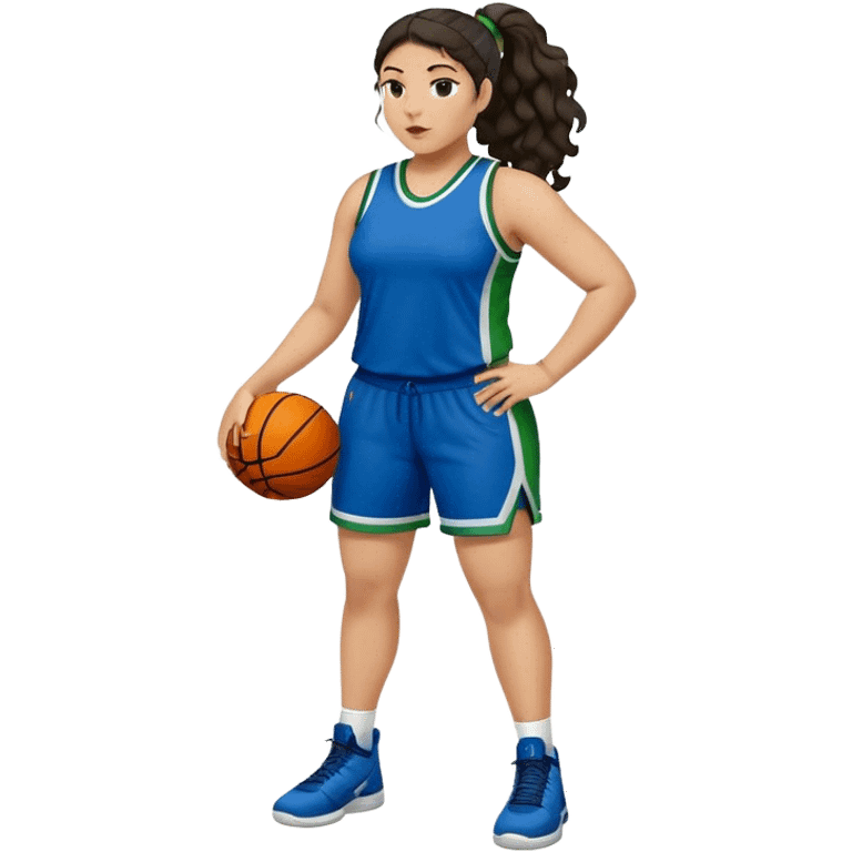 full body plus size light skin  latino women basketball player with wavy dark hair in pony tail wide nose wearing blue uniform with green accent emoji