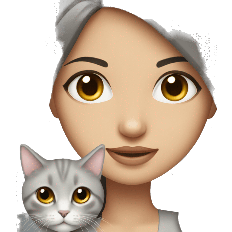 Beautiful skinny woman long dark brown hair in dress hug Siberian grey cat emoji