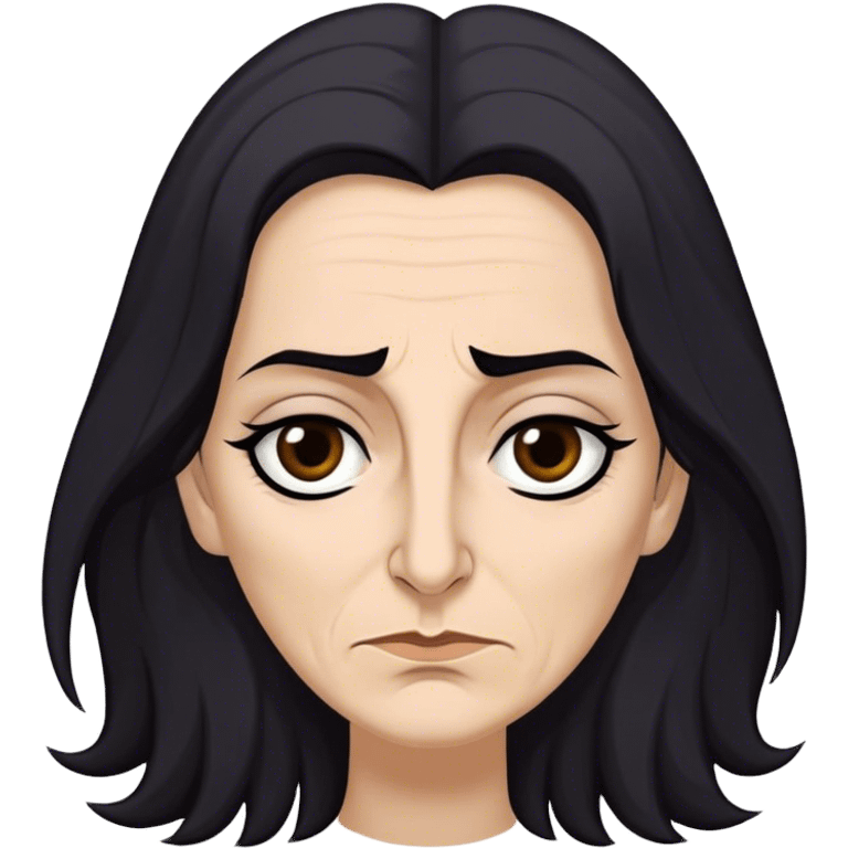 Mirri Maz Duur is a weathered, age 50 woman with deep-set dark eyes, high cheekbones, and a sharp nose, giving her a stern, knowing expression. Her long, unkempt dark hair  falls loosely over her shoulders emoji