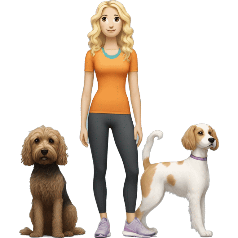 white woman with long blonde hair and cat shaped eyes wearing a yoga outfit standing alongside a tri-colored bernadoodle dog emoji