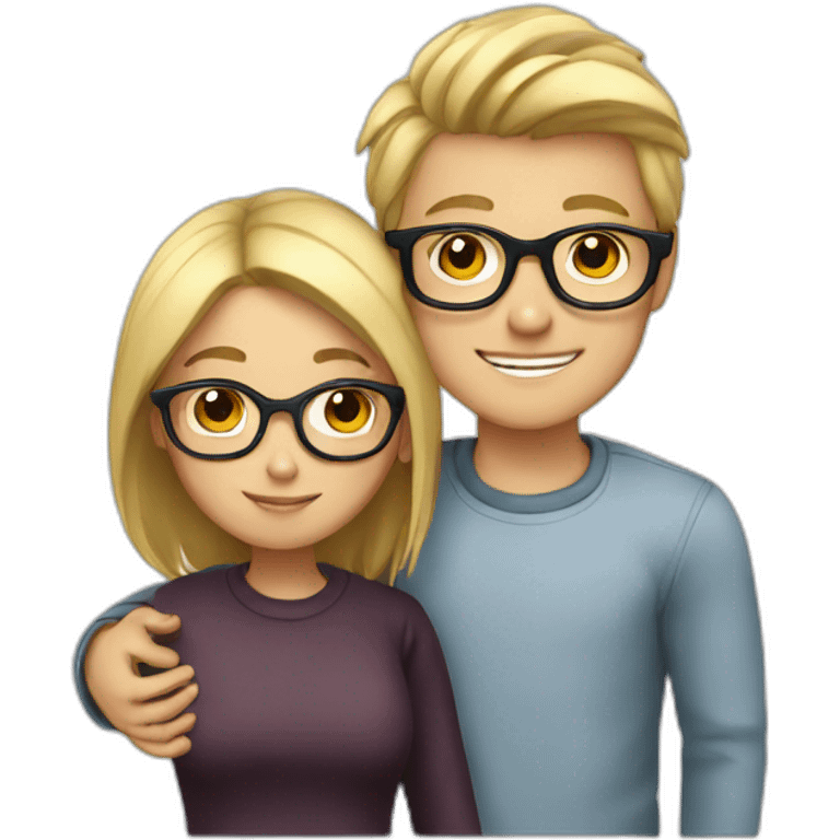 Boy with blonde hair and glasses hugging girl with black hair and glasses emoji