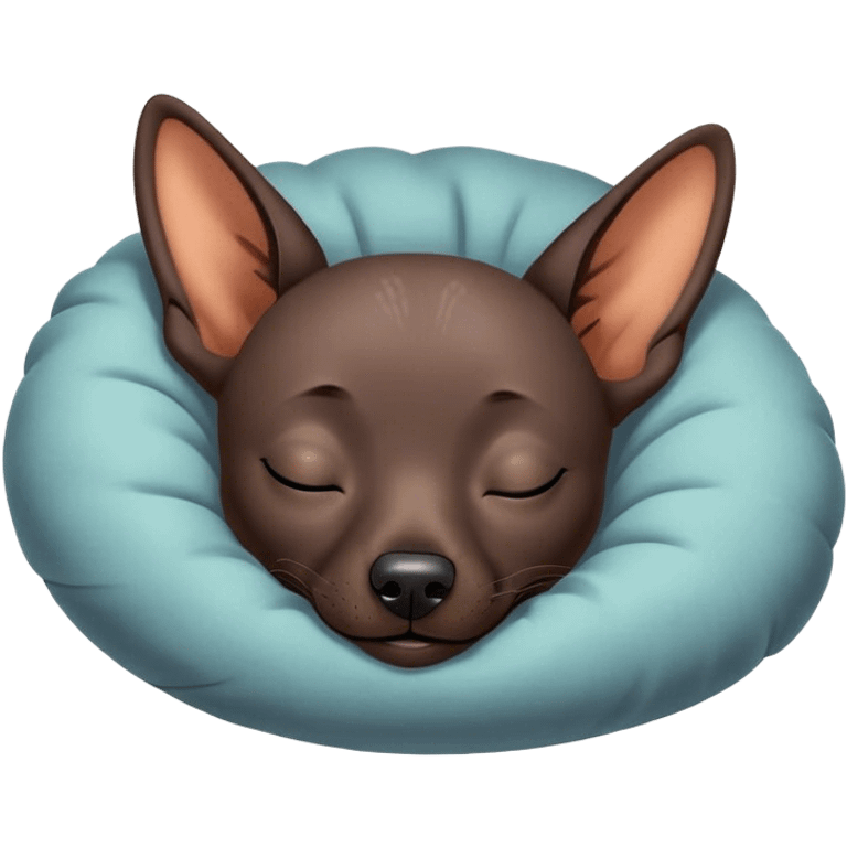 Meme-Worthy Cute Sleeping Xoloitzcuintle dog Portrait Emoji, Head resting peacefully with a contented smile, showcasing a sleek, muscular build with smooth, hairless ebony skin and gently relaxed wrinkles, eyes shut in a serene nap, Simplified yet hilariously adorable features, highly detailed, glowing with a soft, drowsy light, high shine, relaxed and utterly lovable, stylized with an air of playful laziness, bright and heartwarming, soft glowing outline, capturing the essence of a comically sleepy guardian, so meme-worthy it feels like it could instantly become the next viral sensation of adorable slumber! emoji