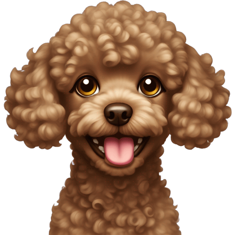 Toy poodle, smiling, curly hair in face, dark brown, tongue inside  emoji