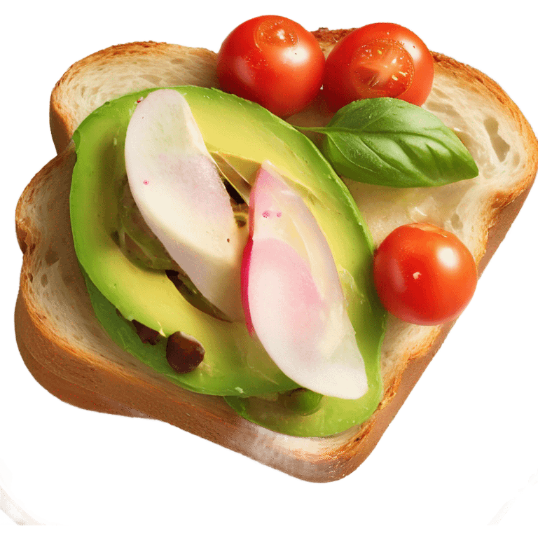 An avocado toast on long slide of bread with cherry tomatoes and radish on top  emoji