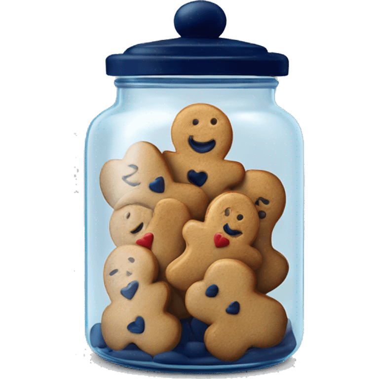 Single Realistic glass cookie jar with navy blue lid and filled with heart shaped gingerbread cookies inside of it. emoji