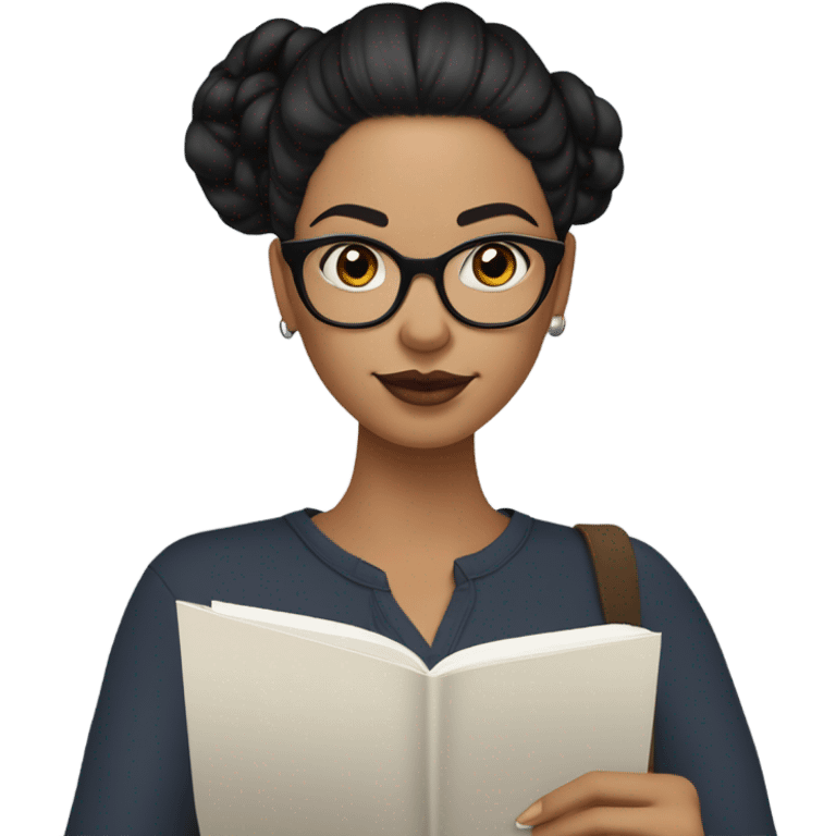 A woman with Black hair with a bun in the top of her head, she has glasses, she is writing a note on her notebook, we can see her pencil, she has white skin and skin tone lips emoji