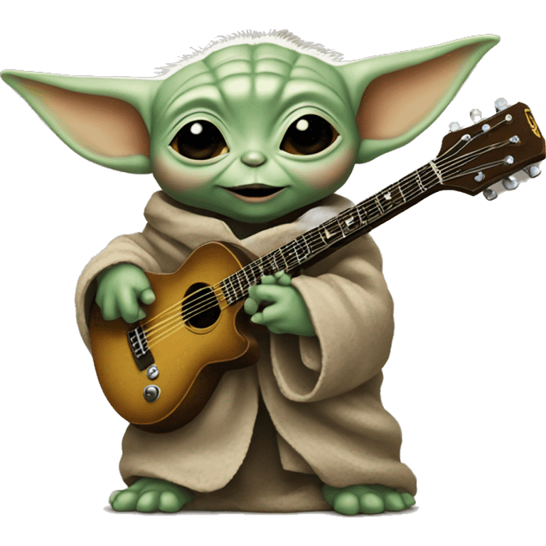 Baby Yoda holds a rock guitar emoji