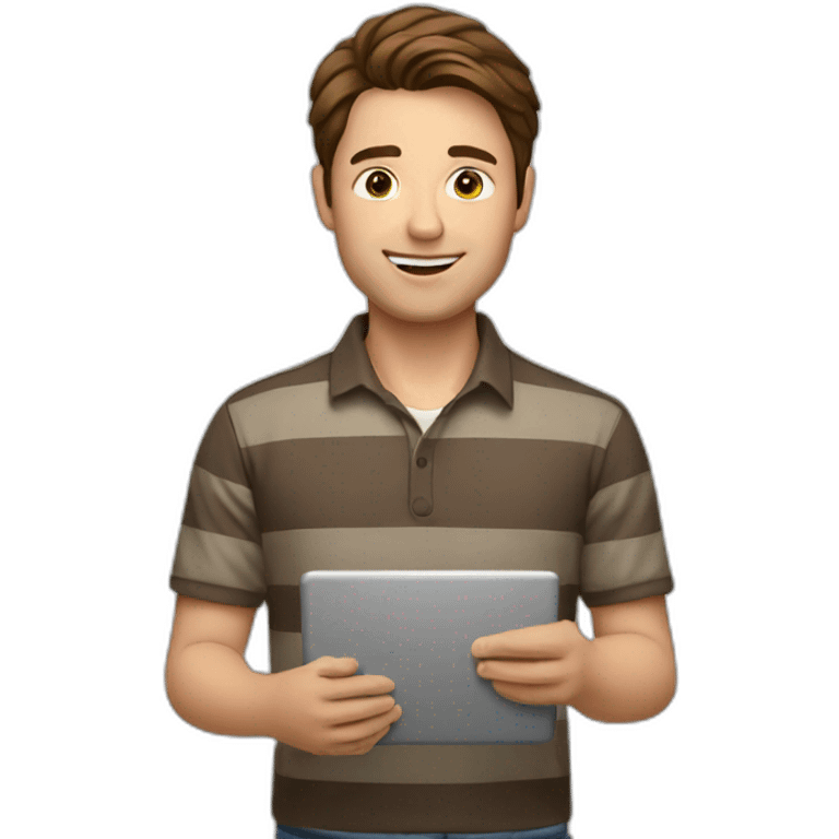 man with brown hair, striped shirt while holding laptop in front emoji