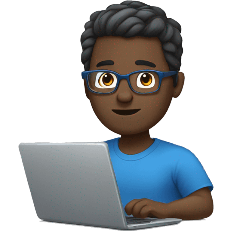 white guy with dark brown hair square glasses typing in laptop wearing blue t-shirt working in call center emoji