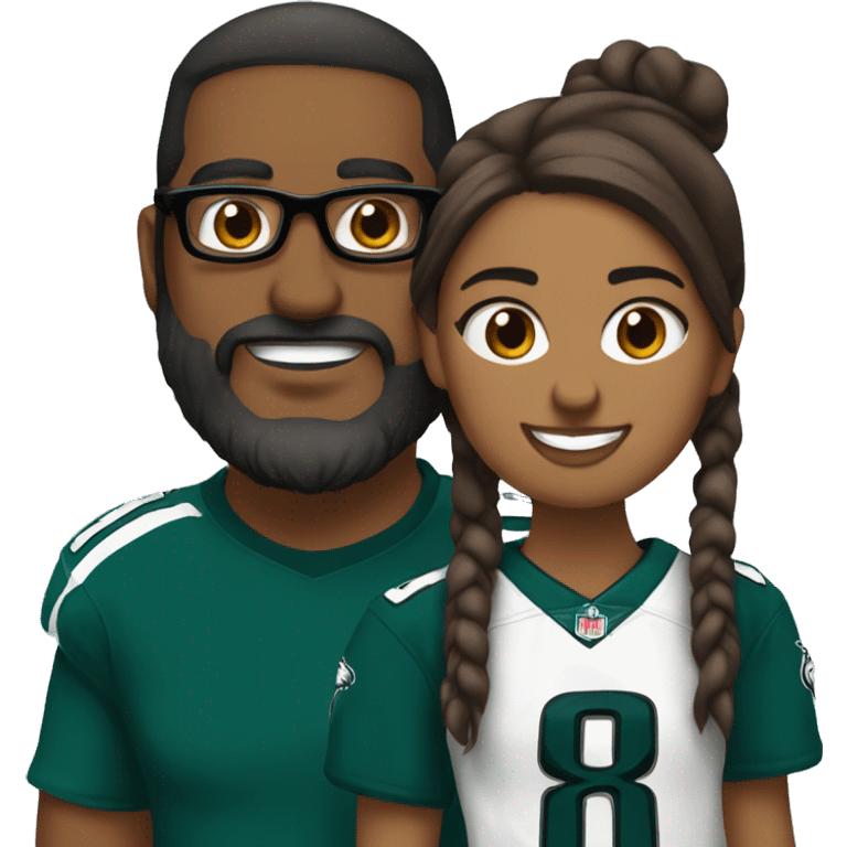 Brown guy with a beard and mustache holding a brown girl wearing glasses and hair in a bun wearing Philadelphia eagles clothing emoji