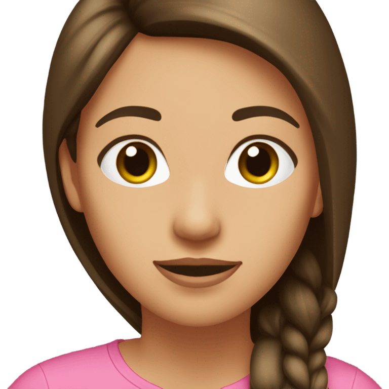 Light brown woman with long straight dark brown and auburn highlighted hair, wearing a pink t shirt with green trim emoji