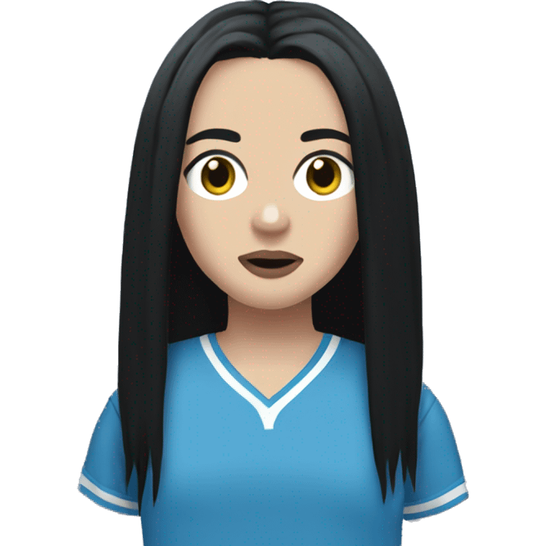 Billie eilish with long black hair in a blue jersey  emoji