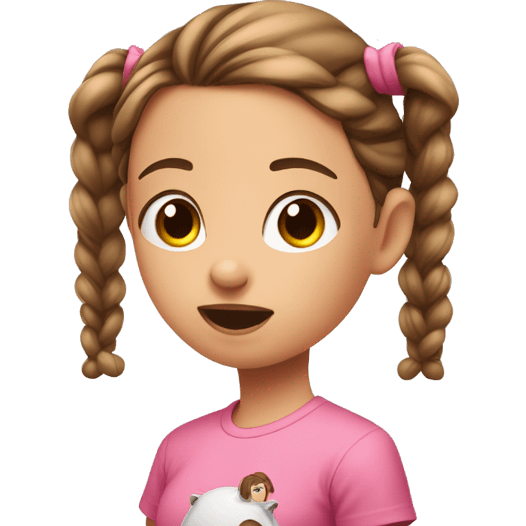 girl with two brown pigtails in pink t-shirt sends an air kiss emoji