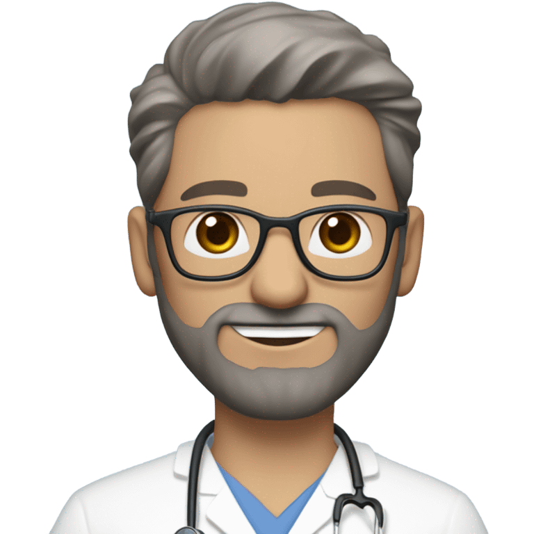 male dark blond haired doctor in scrub cap with grey van dyke beard with hazel eyes and small wire-rimmed glasses in blue scrubs holding a large paintbrush emoji